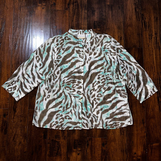 Alfred Dunner 3/4 Sleeve Button Shirt Up Tropical Floral Print Blouse Tiger Strp