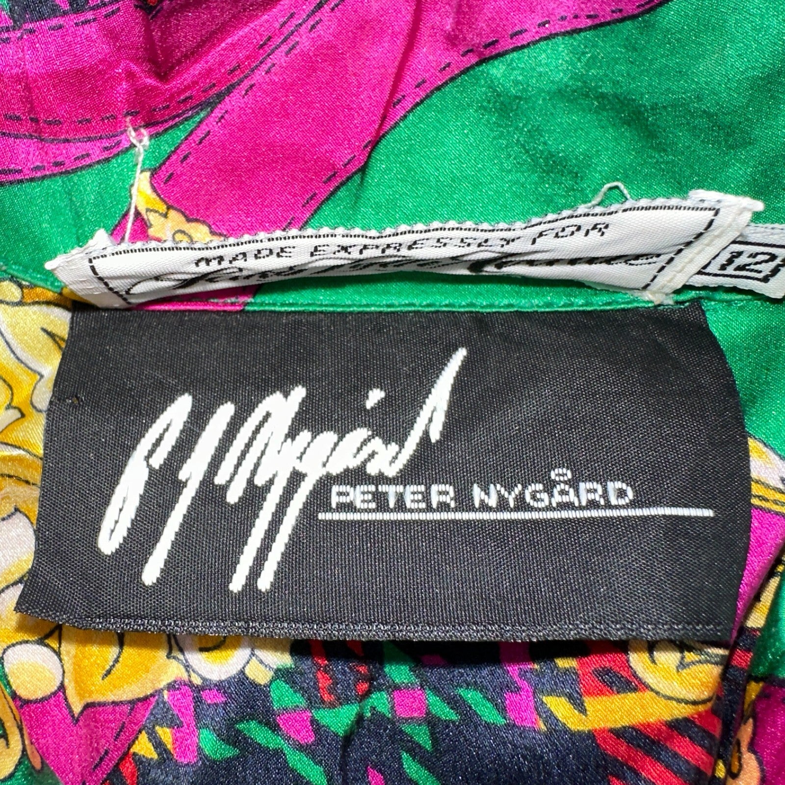 Peter Nygard Shirt Womens 12 Gold Green Silk Abstract VTG 80s Saks Fifth Avenue