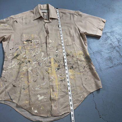 VTG 60s 70s Paint Stained Sears Perma Prest Short Sleeve Camp Shirt 16 Thrashed