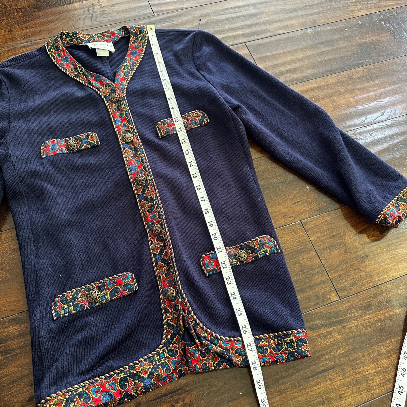 Jeffrey and Dara by Linda Hutley Knit Blazer Paisley VTG Navy Cardigan 90s