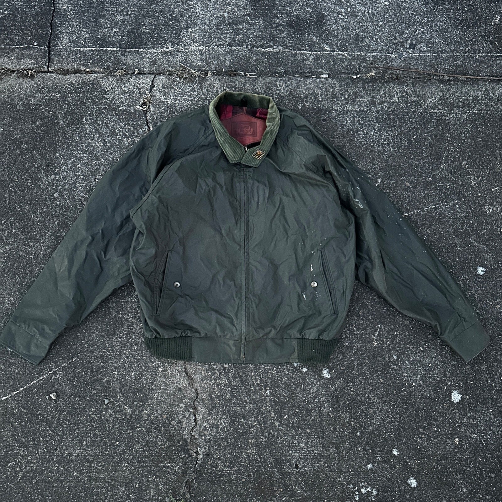 Vintage Woolrich Bomber Jacket Green USA Stained 90s Red Lining USED HEAVY