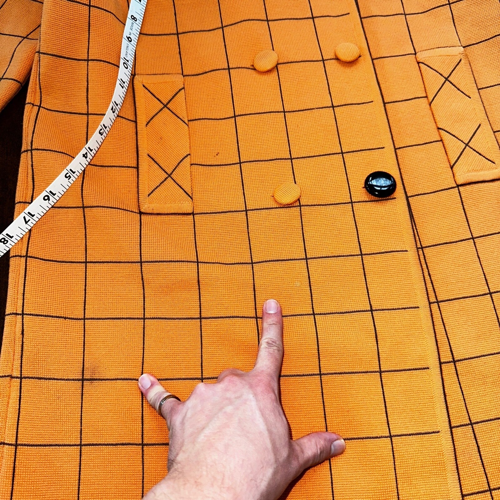 VTG 100% Wool Imperial Long Check Overcoat Womens Orange Rockabilly 1960s 70s