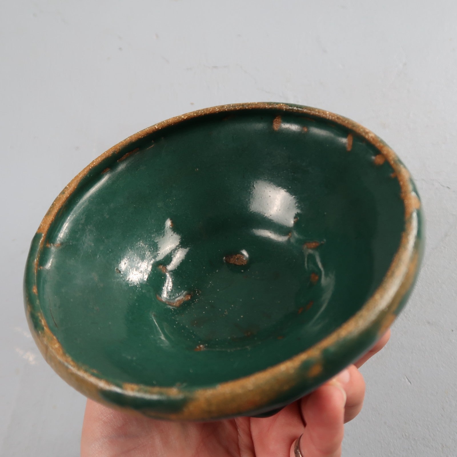 Green Glazed Small Size Motif Bowl Cute Ceramic Green VTG 90s Handmade Art Folk
