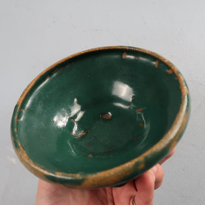 Green Glazed Small Size Motif Bowl Cute Ceramic Green VTG 90s Handmade Art Folk