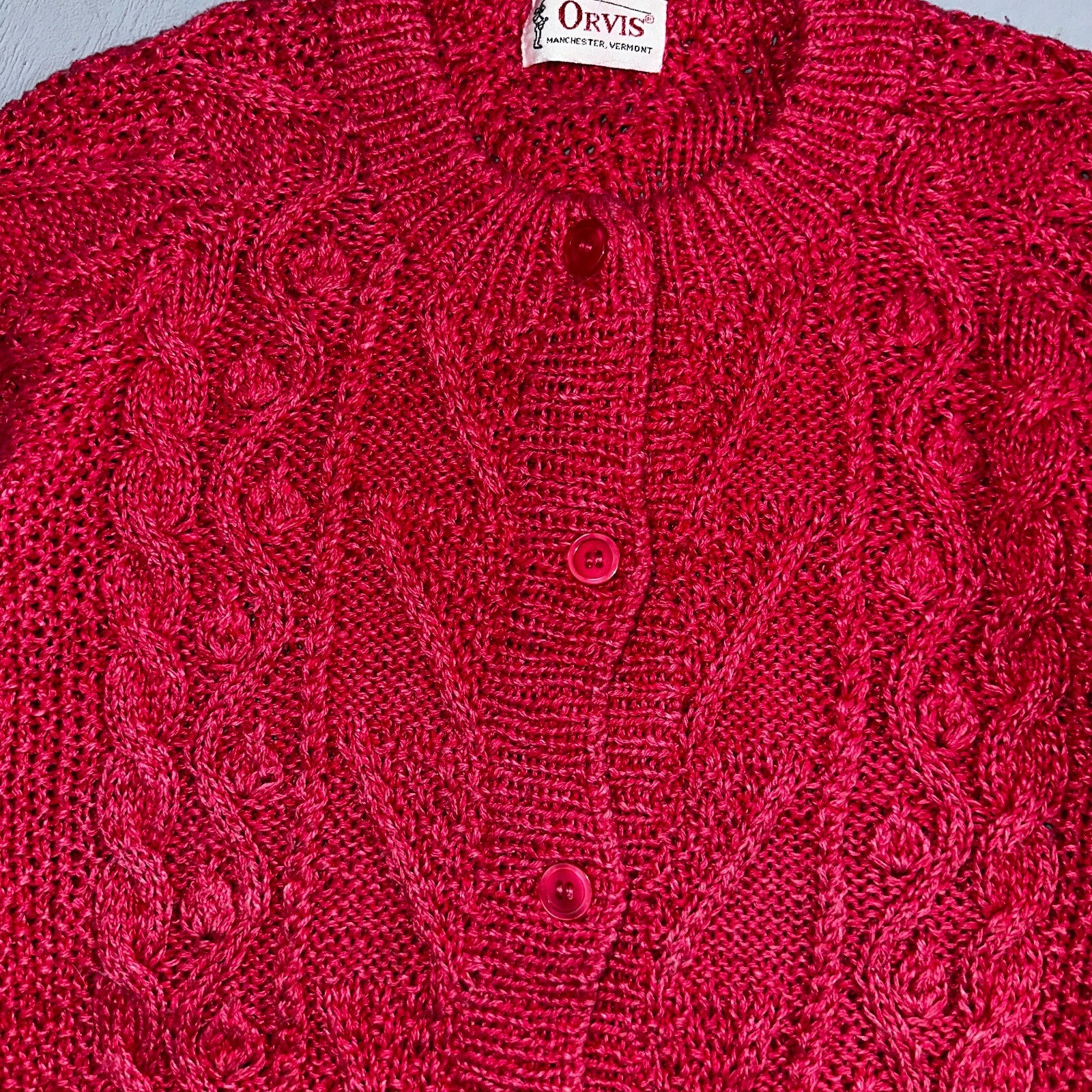 Vintage Orvis Sweater Cardigan Womens Pink Wool Cable Knit Chunky Vermont 90s