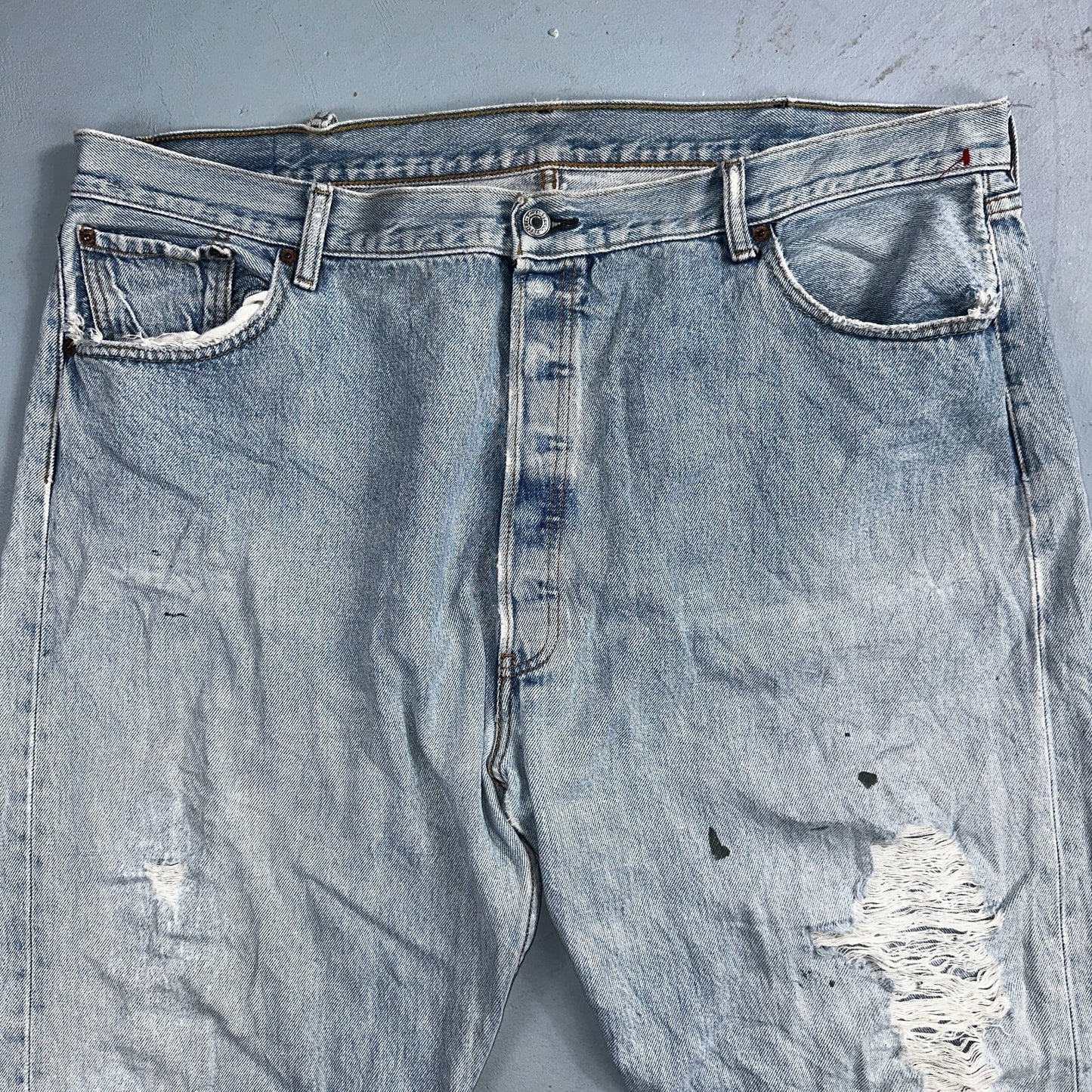 Levis 501 Vintage Y2K XX Straight Leg Jeans Rips Blue Light Wash 46x32 Act 42x28