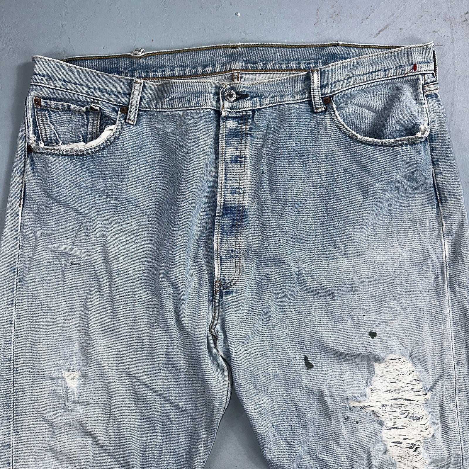Levis 501 Vintage Y2K XX Straight Leg Jeans Rips Blue Light Wash 46x32 Act 42x28