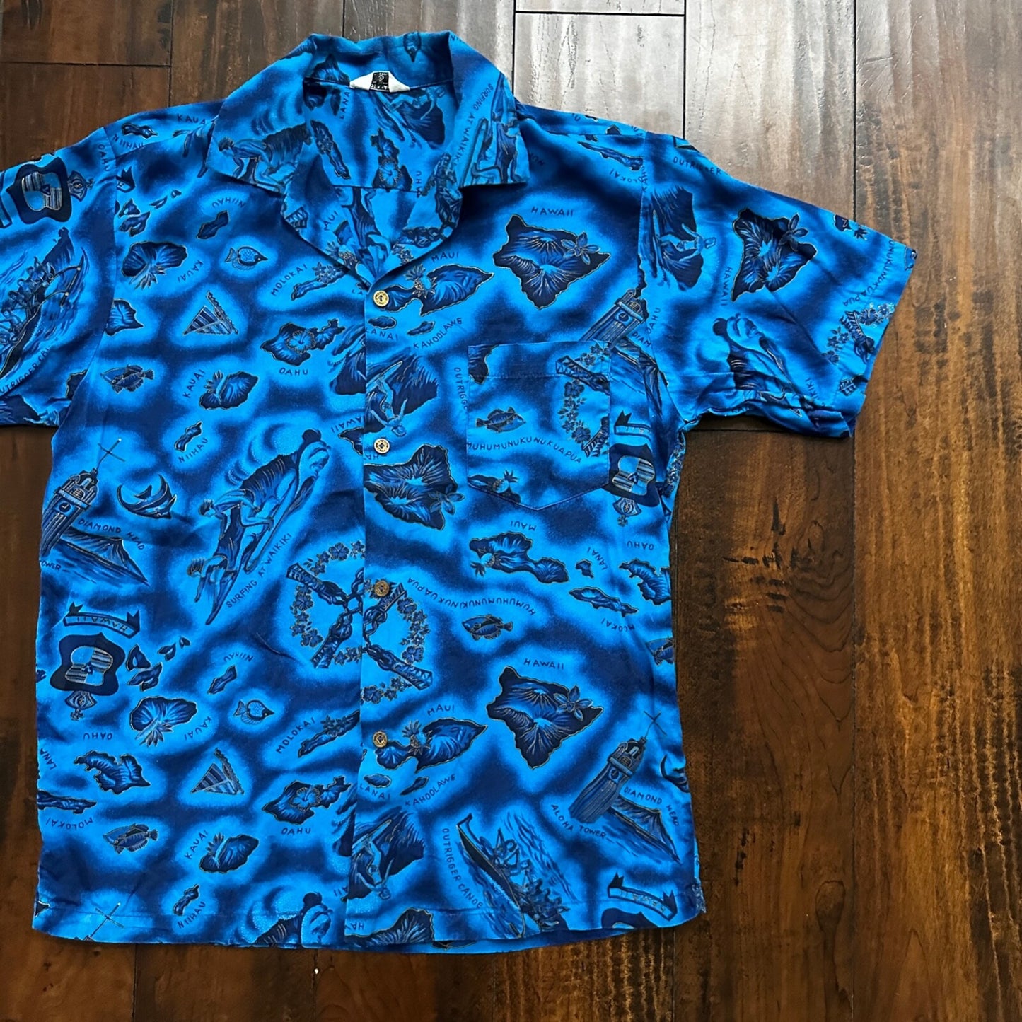 1960s Hawaiian Button Down Shirt Vintage Rockabilly 50s 60s Loop Collar Blue