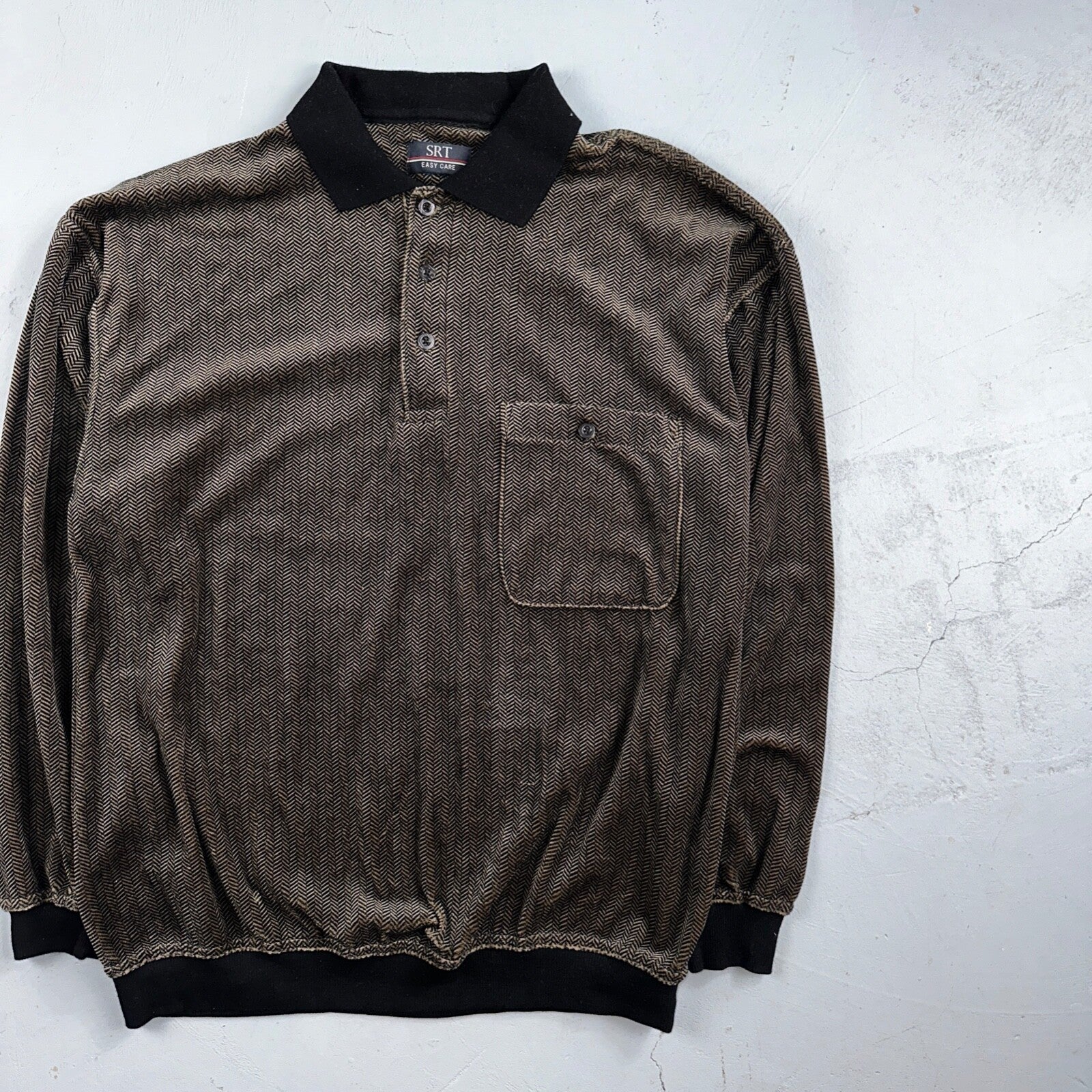 SRT Herringbone Mens Shirt Size L Gray Long Sleeve Henley VTG Golf Polo 90s