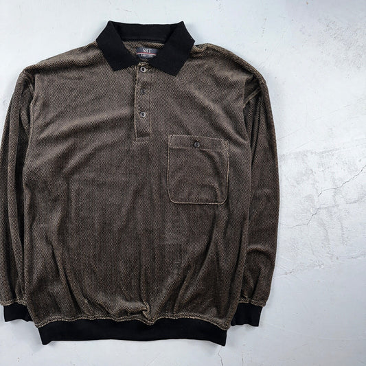 SRT Herringbone Mens Shirt Size L Gray Long Sleeve Henley VTG Golf Polo 90s