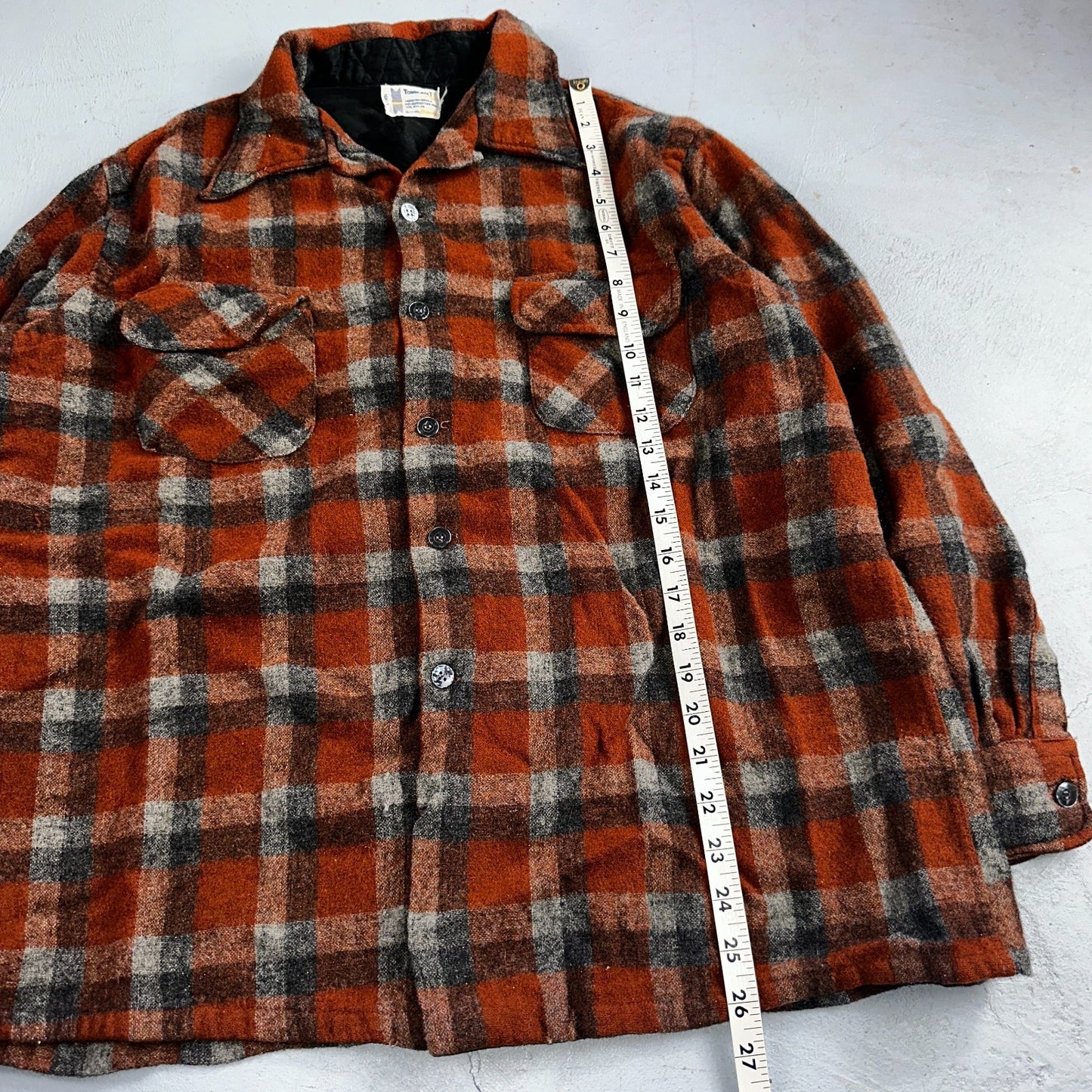 Vintage 60s 70s Towncraft Wool Flannel Blend Button Up Shirt Penneys XL Orange