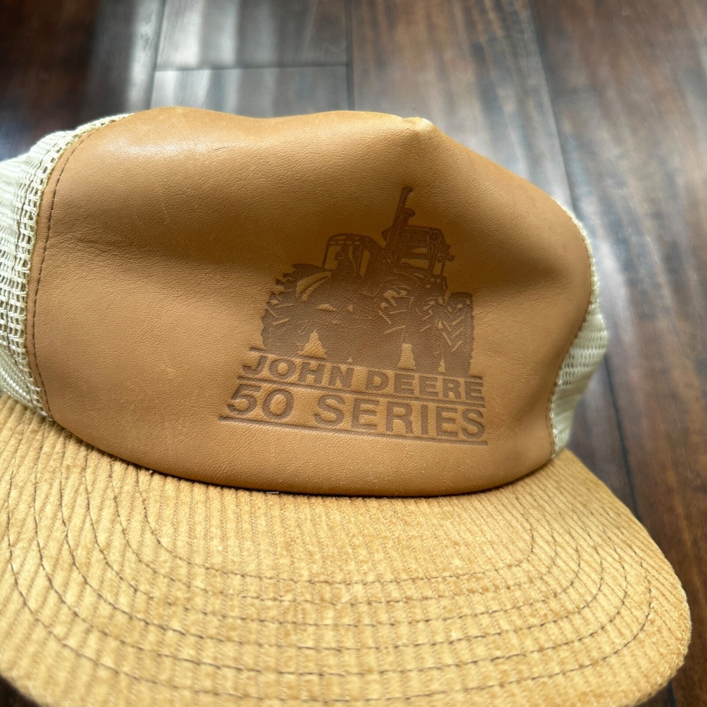 John Deere 50 Series VTG Hat Cap Snapback 90s Leather Corduroy Brown