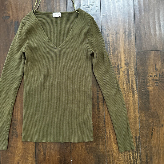 Ambiance Womens Medium Army Green Long Sleeve Crop Top V Neck Cute T Shirt
