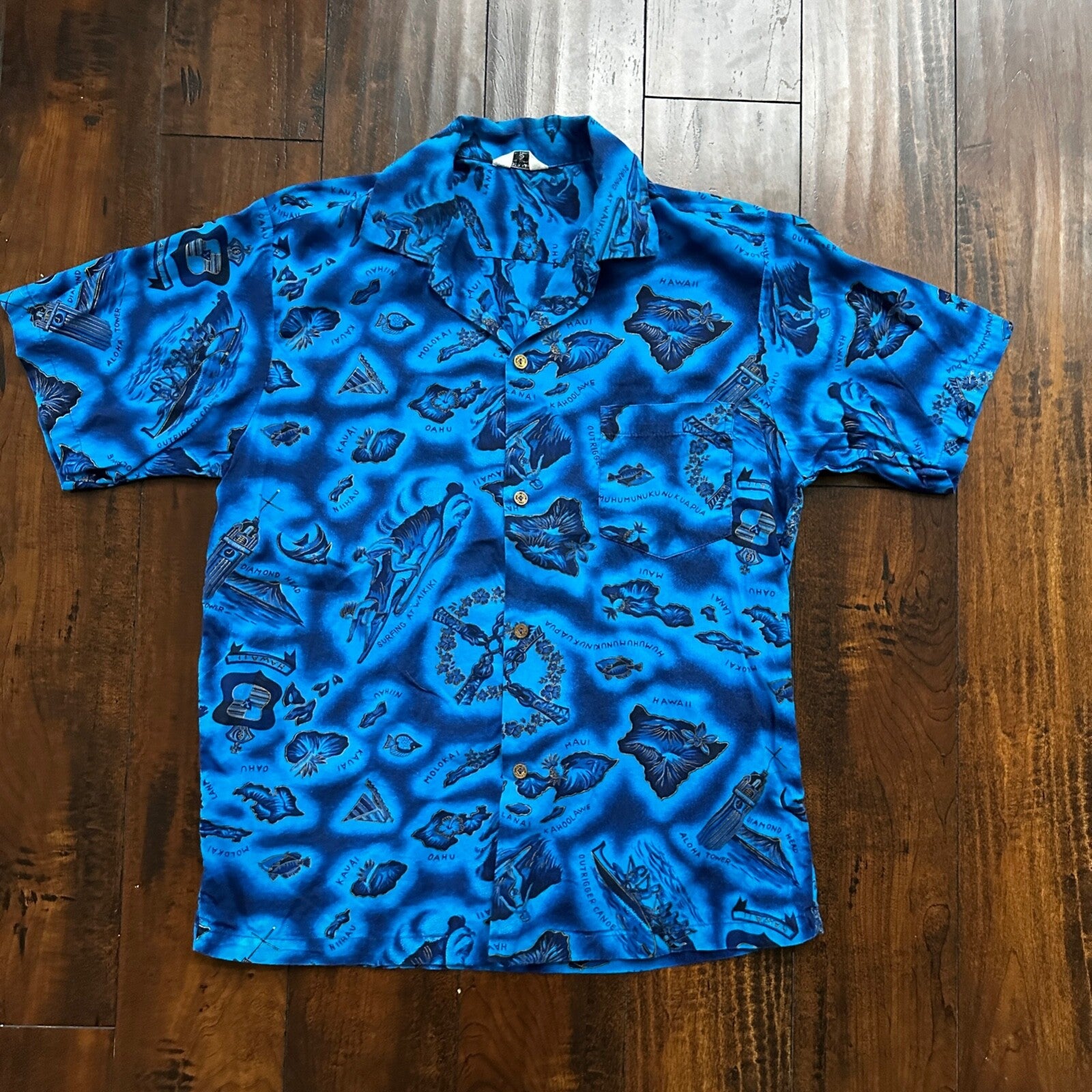 1960s Hawaiian Button Down Shirt Vintage Rockabilly 50s 60s Loop Collar Blue