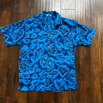1960s Hawaiian Button Down Shirt Vintage Rockabilly 50s 60s Loop Collar Blue