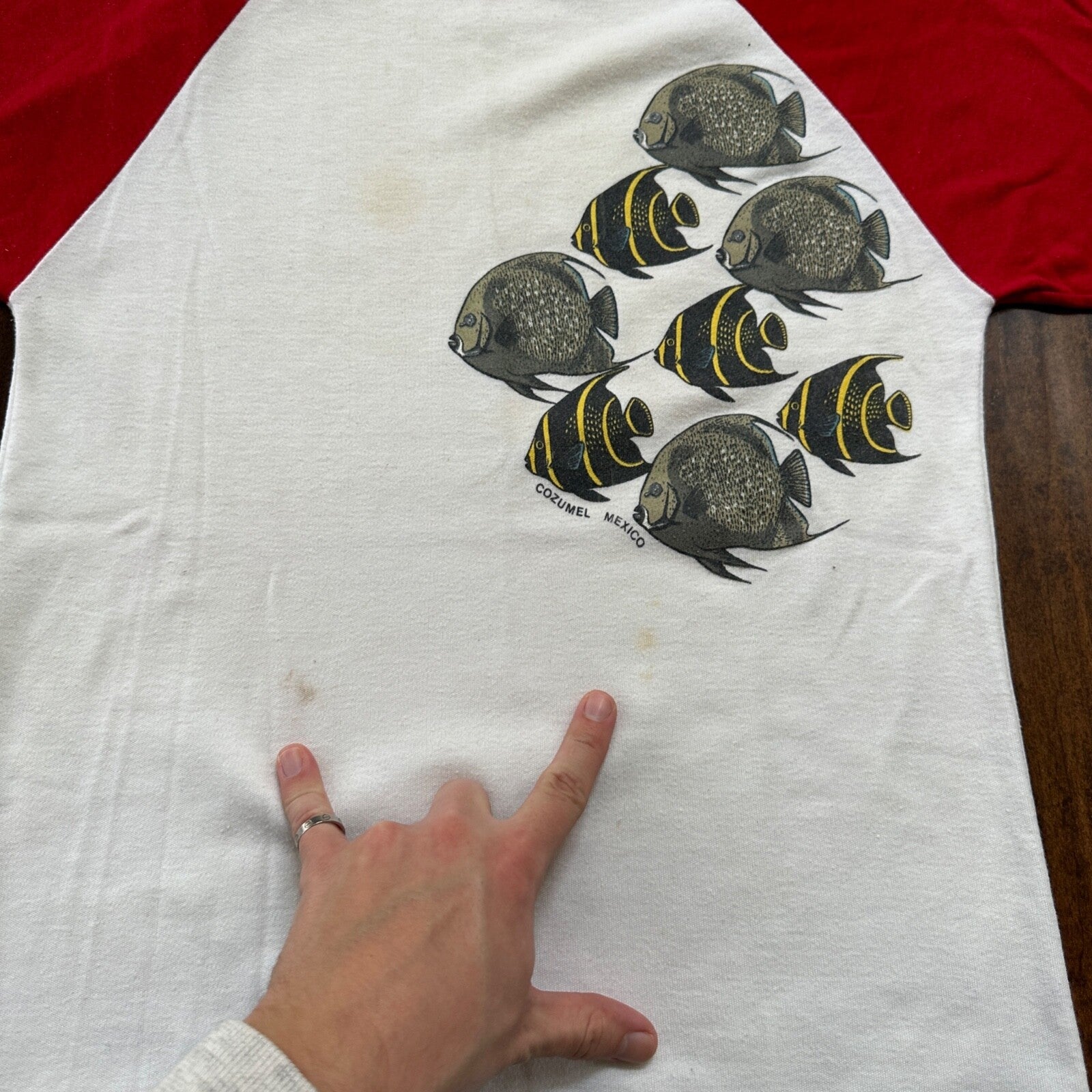 1980s Raglan Fish Vintage T Shirt 80s Red White Sports Travel USA Sun Hippie