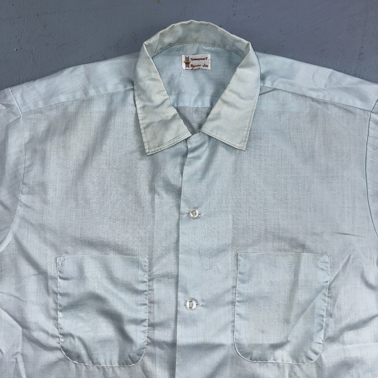 Vtg 50s 60s Penneys Towncraft Loop Collar Shirt Mens L Blue Simple Light Camp