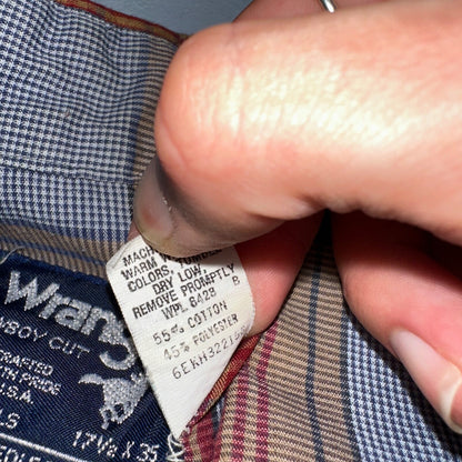 Wrangler VTG Shirt Mens 17.5x35 Plaid Cowboy Cut Pearl Snap Long Tail Rodeo