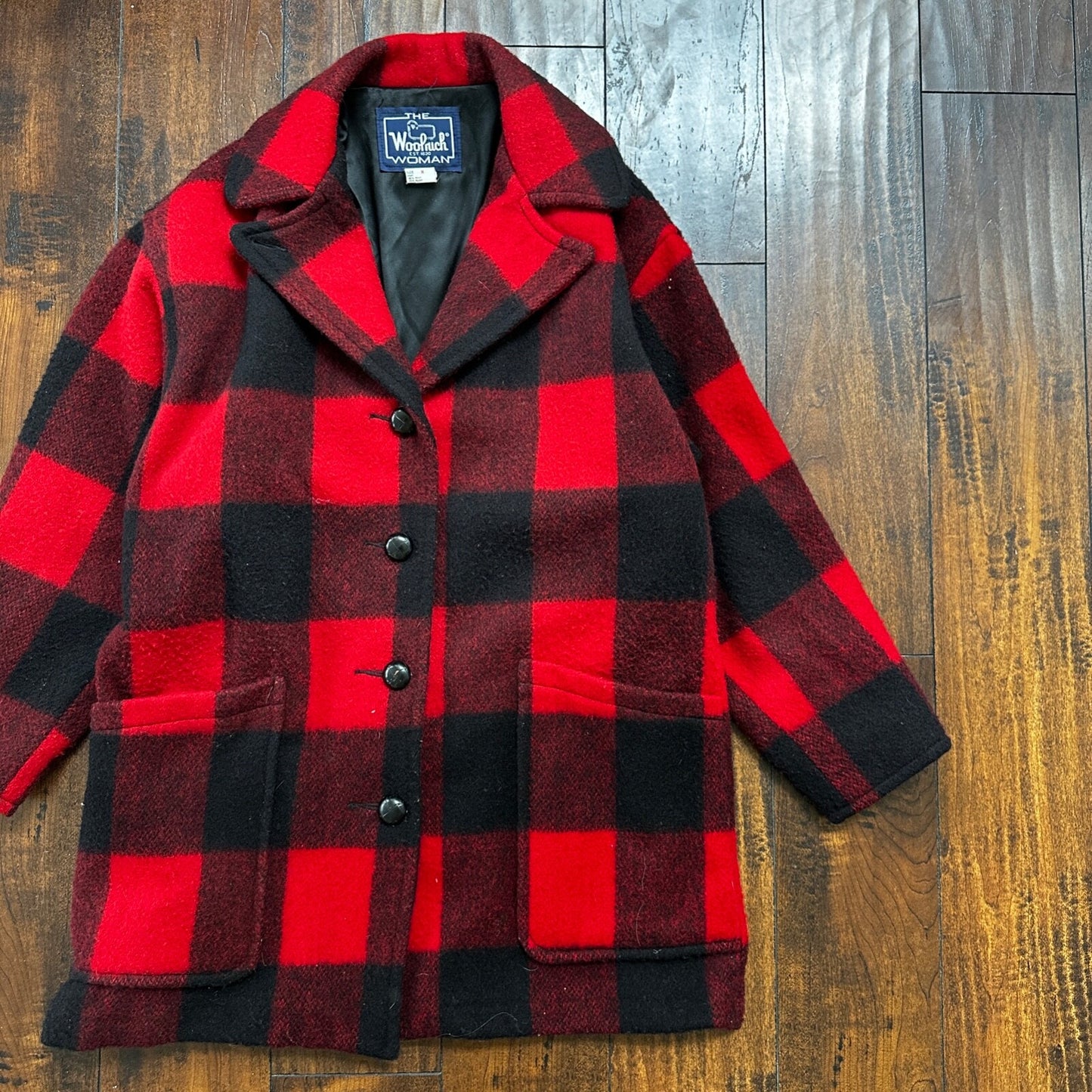 VTG Woolrich Coat Womens M Red Black Plaid Wool Blend Mackinaw Jacket 1970s 70s