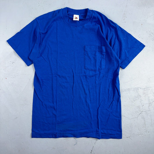 FOTL Blank 90s VTG T Shirt USA Pocket Blue Basic Simple Single Stitch Selvedge