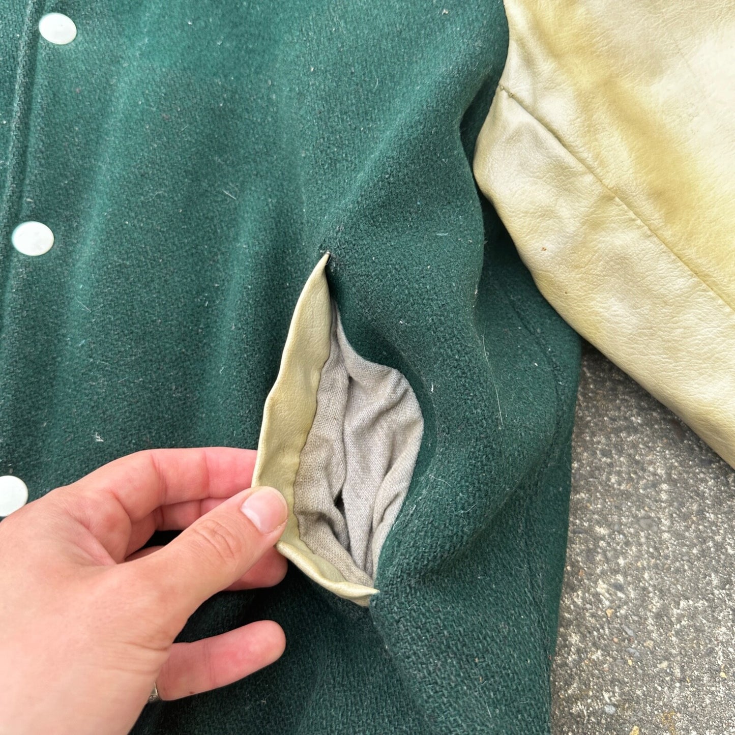 Vintage Letterman Jacket Green White Leather Wool TOM Named Simple Basic 1960s