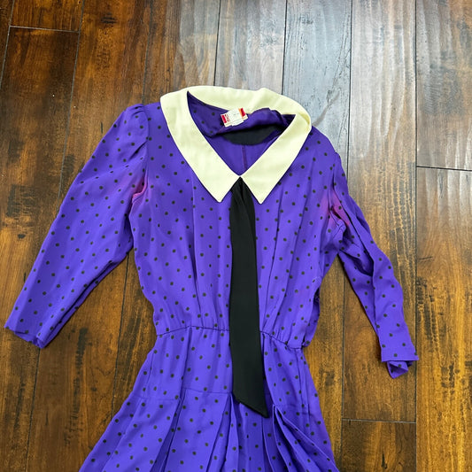 Vintage Katie MFG Purple Print Polka Dot 80s Midi Dress Size Small