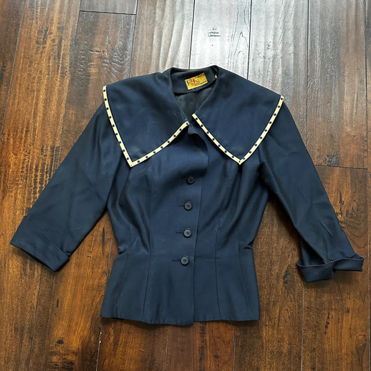 Real Vintage 1940s R & K Original Long Navy Top Button Down Dress Women's 40s