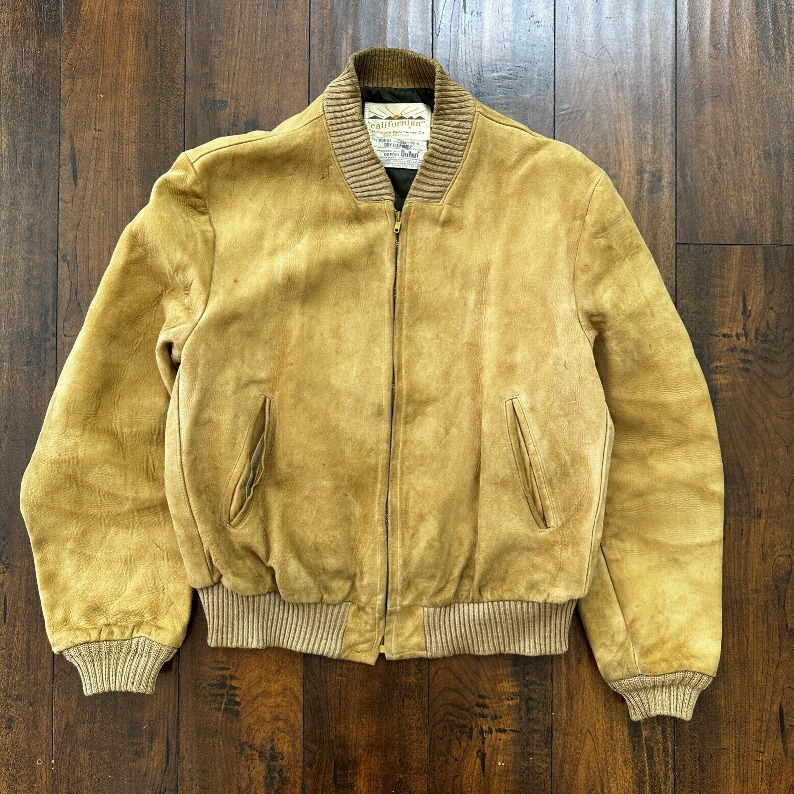 VTG 1950s DuPont Quilon Jacket Tan Suede Leather Lined Bomber 44 Rockabilly