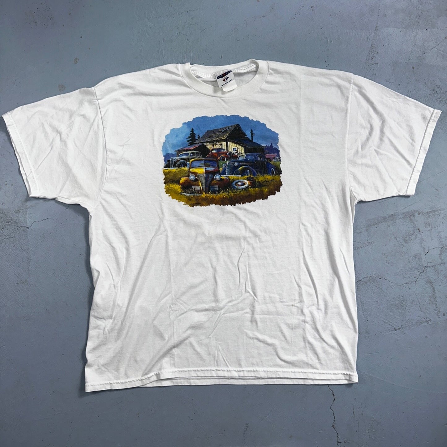 Antique Cars Farm House VTG T Shirt Jerzees Fun Grandpa Core Racing Y2K White