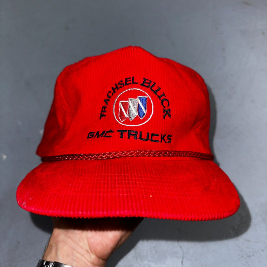Vintage Trachsel Buick GMC Trucks Hat Red Corduroy Rope Snapback Car Dealer USA