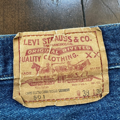 VTG 80s Levis 501 Button Fly 38x36 USA Tag Jeans Straight Wash Blue XX Act 34x31