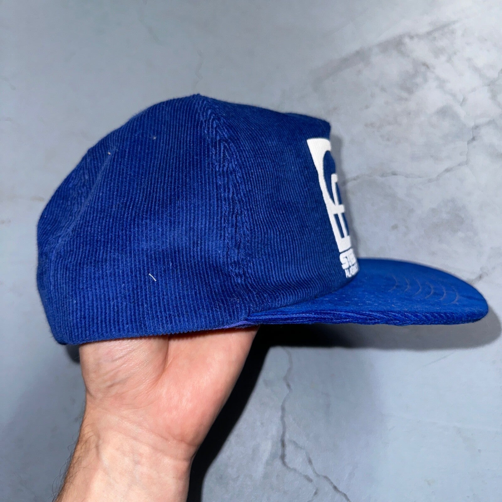 Steel Fab Blue Corduroy VTG Hat Cap Snapback Alaska USA Trucker Ocean Cool