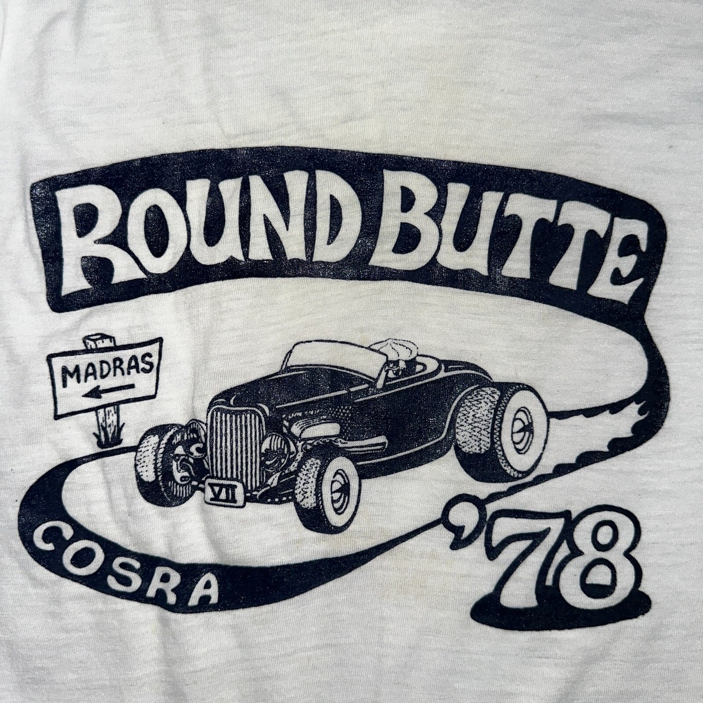 Round Butte Oregon 1970s VTG T Shirt 1978 Rockabilly Ringer Cars Hot Rod PDX Art