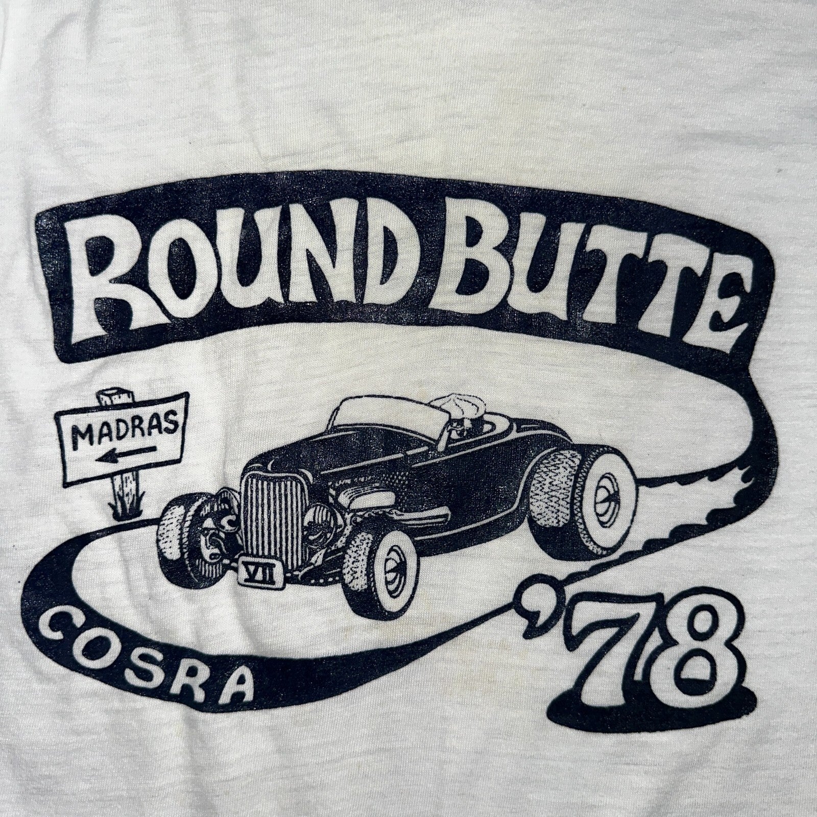Round Butte Oregon 1970s VTG T Shirt 1978 Rockabilly Ringer Cars Hot Rod PDX Art