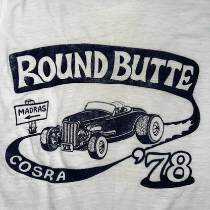 Round Butte Oregon 1970s VTG T Shirt 1978 Rockabilly Ringer Cars Hot Rod PDX Art
