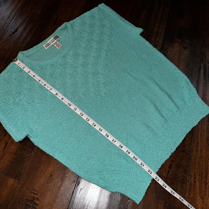 VTG Joan Harper Womens Sweater Large Blue Chunky Short Sleeve Cute Pattern Knit