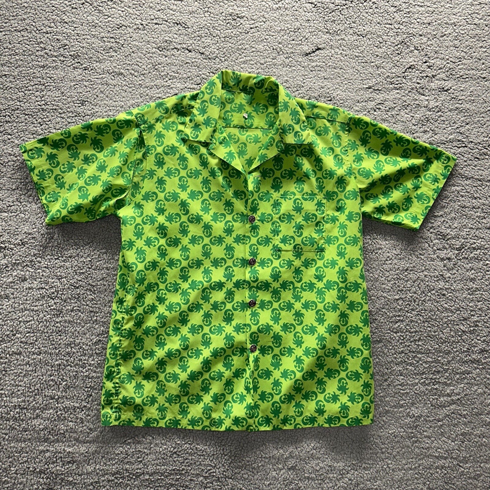 Vintage 50s Hawaiian Aloha Print Shirt Rockabilly Honolulu 60s Button Green