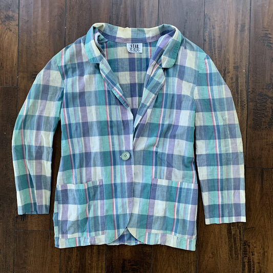 Vintage Star Womens SHIRT Linen Type Blues Navy Plaid Pocket Collar 70s 80s USA