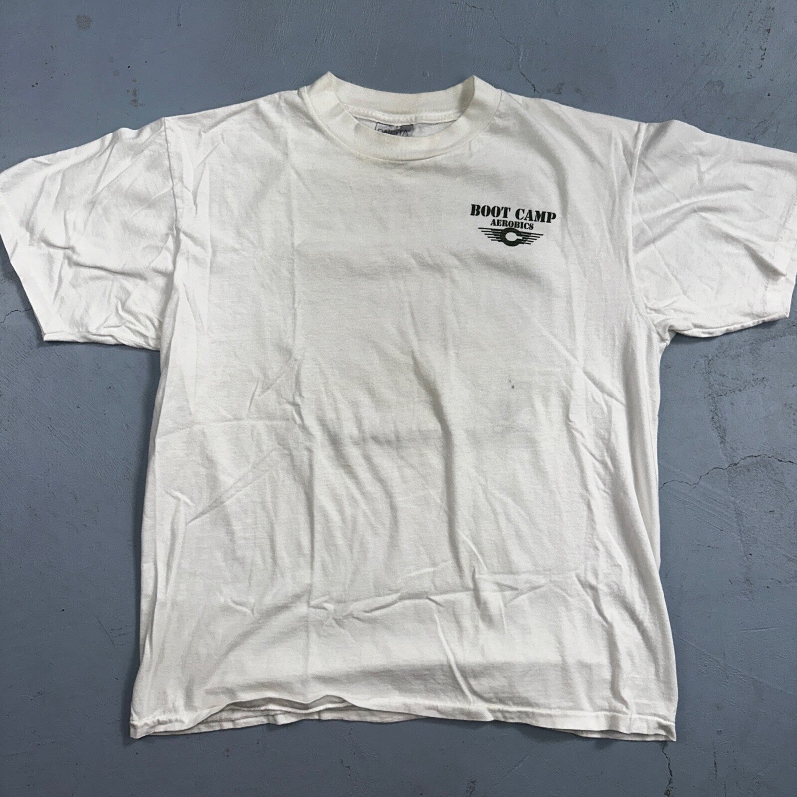 Oneita Boot Camp Aerobics VTG T Shirt Military Too Slow Class Attention USA