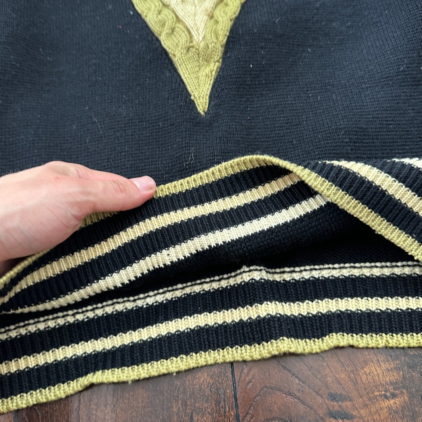 VTG Damon Sweater Mens L Black Gold Neck Wool Italy True 60s 70s RARE Stripe