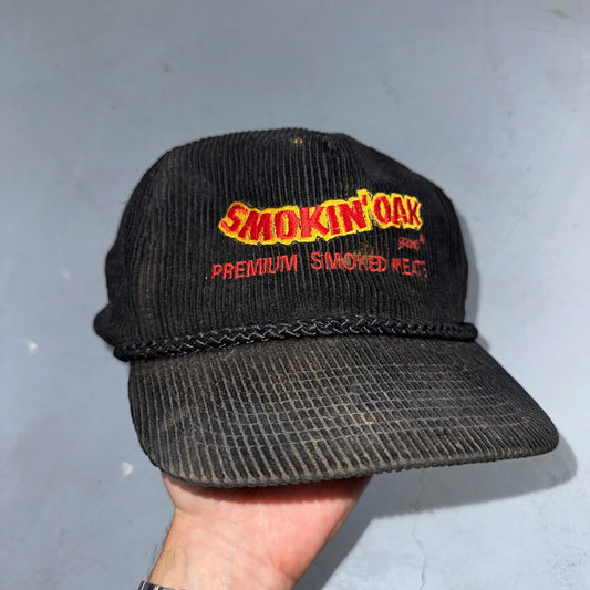 Vintage Smokin' Oak Corduroy Trucker Hat BBQ Promo Cap Black Rope Snapback USA