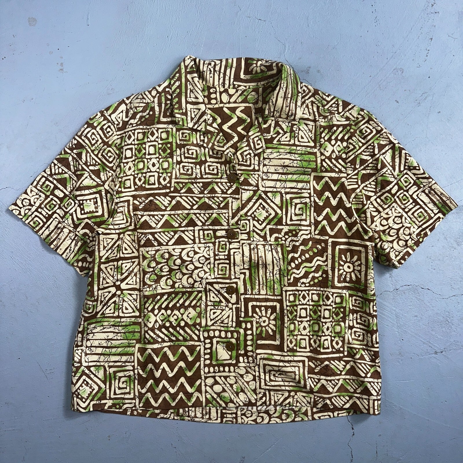 1950s Cotton Hawaiian Green Short Sleeve Button Down Shirt Rockabilly 50s Boxy