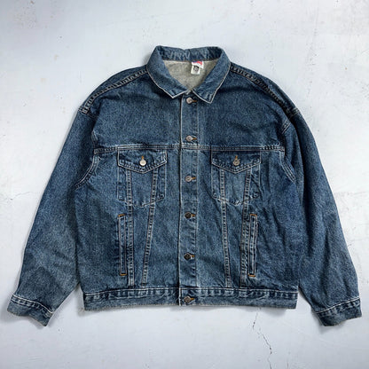 Crusin USA Cars Vintage 1980s Embossed Men's Denim Jacket Sz L Trucker Muscle