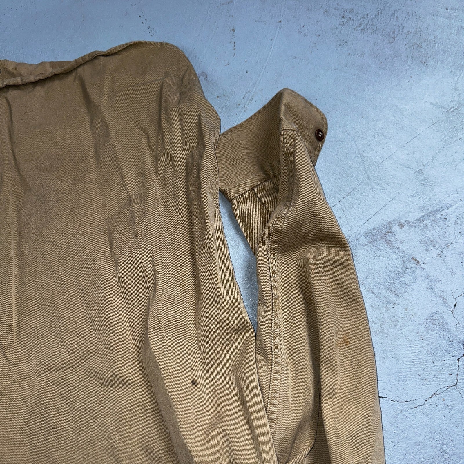 Vintage 40s WWII Gusset Khaki Work Army Military Button Shirt Stencil USN