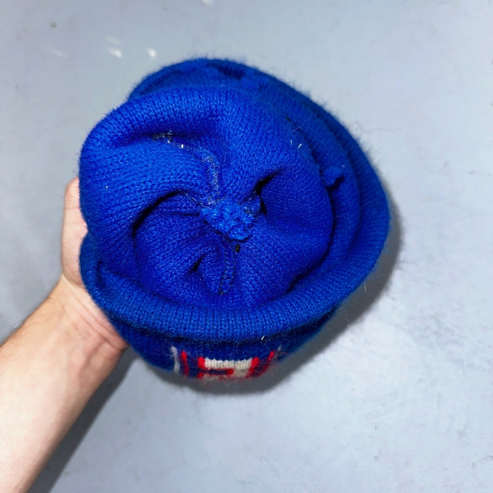 Vintage Geometric Ski Winter Gear Knit Beanie Hat Red & Blue USA 80s S Look