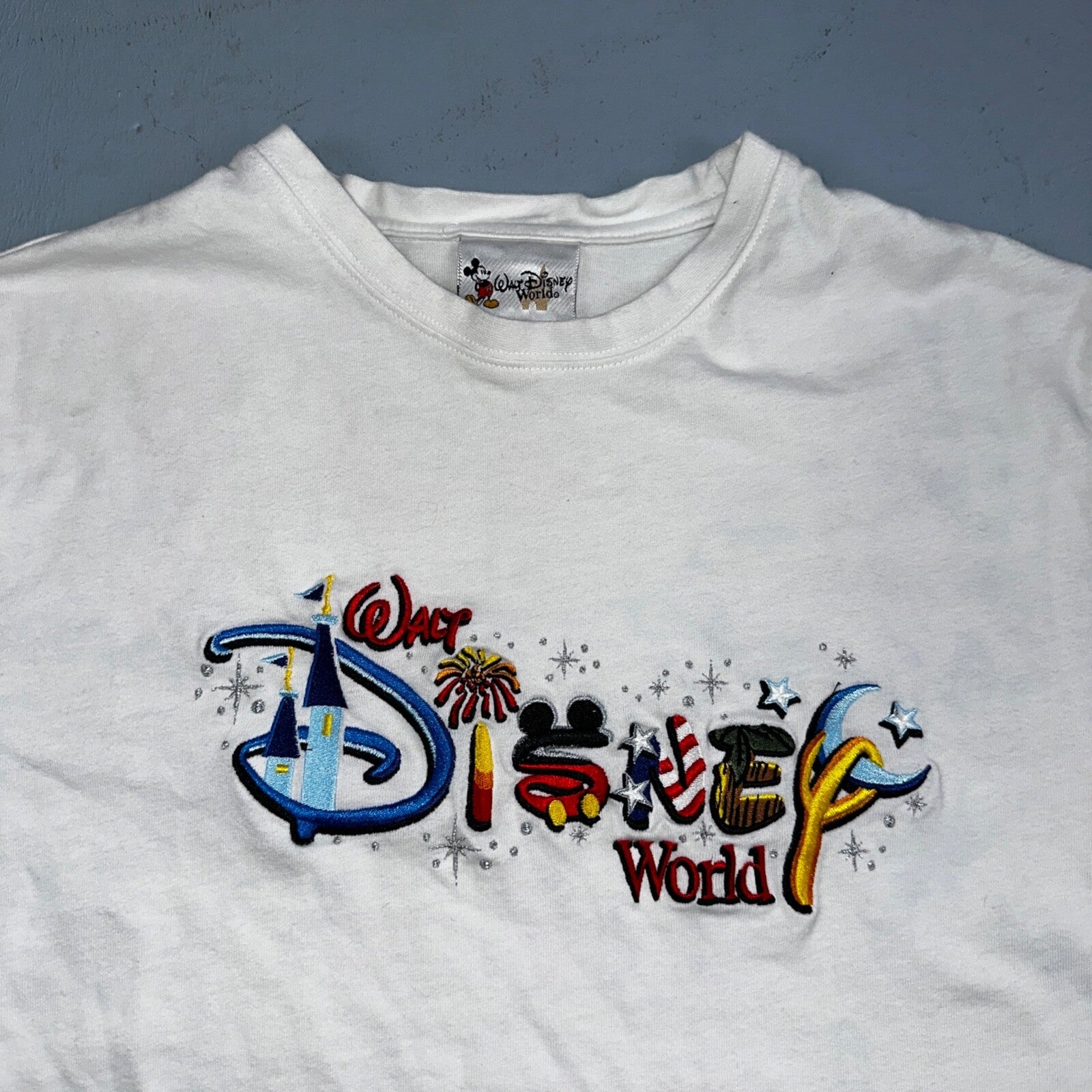 Disney World Character Spellout Cartoon VTG T Shirt Y2K Embroidery Rare Cool