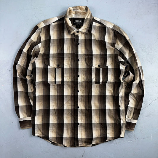 Filson Washed Feather Cloth Button Shirt Small Light White Grey Charcoal Ivory