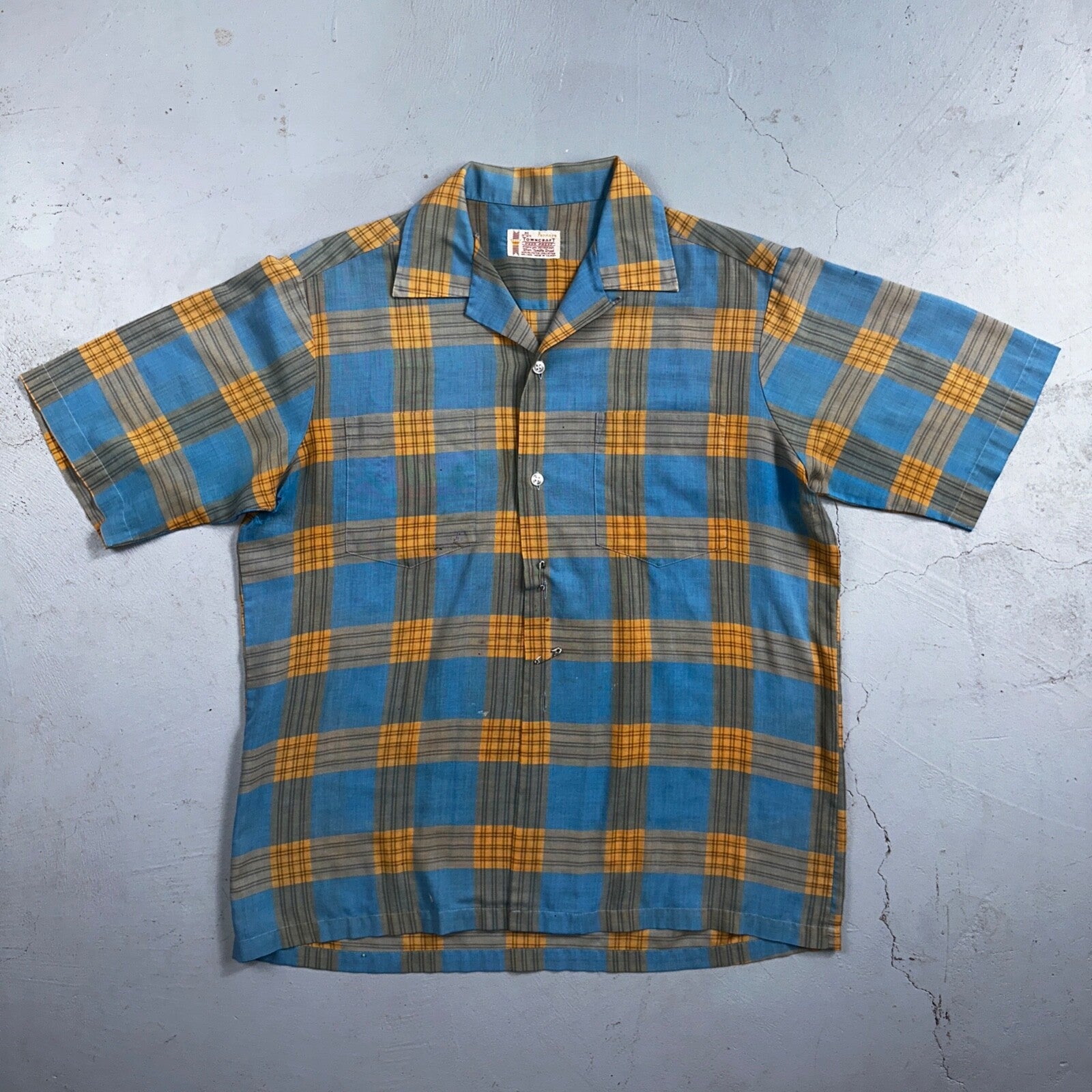 Vintage 60s 70s Pennys Towncraft Blue Camp Loop Collar Shirt Rockabilly Button M