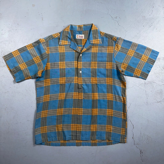 Vintage 60s 70s Pennys Towncraft Blue Camp Loop Collar Shirt Rockabilly Button M