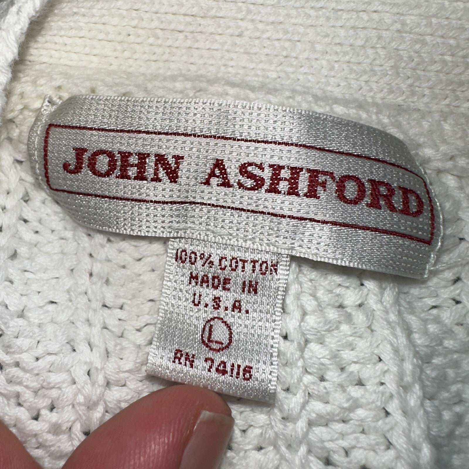 John Ashford USA VTG Sweater Mens Large Cardigan Button Front White Grandpa Core